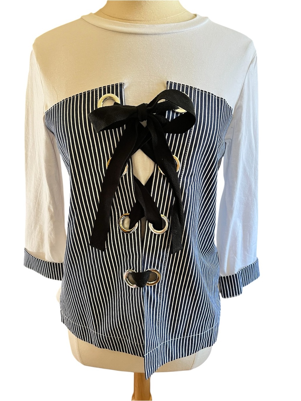 English Factory Blue & White Striped Corset Lace-Up 3/4 Sleeve tee Top Size M